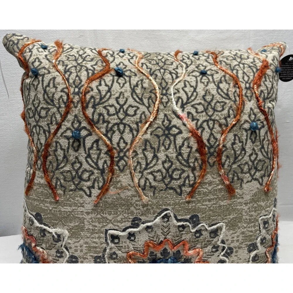 Rizzy Home Hand Crafted Medallion Decorative Pillow Natural Blue Rust New w/Tags